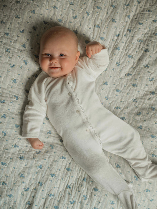 Dreamer Broderie Towelling Sleepsuit in White