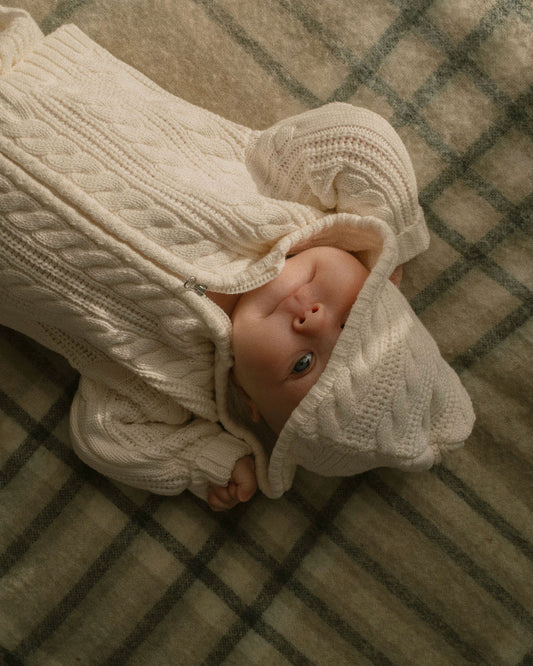 Cotton Cable Knit Hooded Set in Ecru