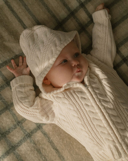 Cotton Cable Knit Hooded Set in Ecru