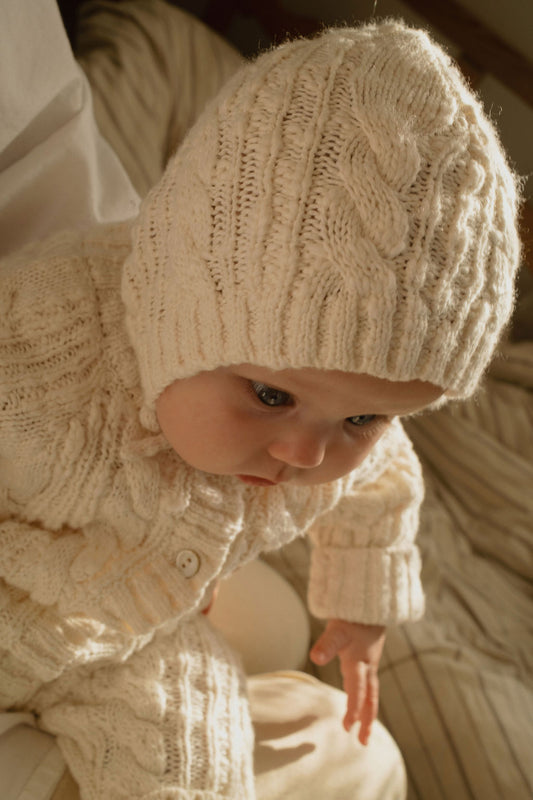 Cable Knit Bonnet in Ecru