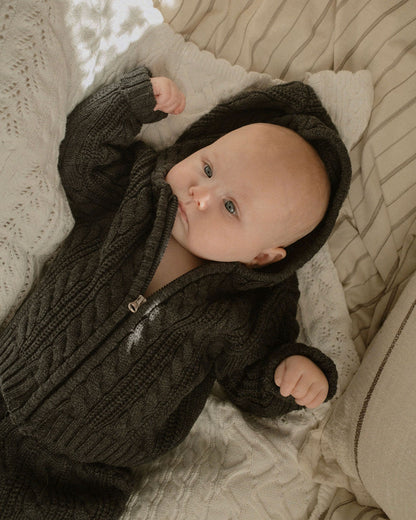 Cotton Cable Knit Hooded Set in Charcoal