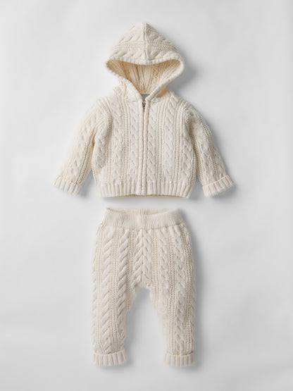 Cotton Cable Knit Hooded Set in Ecru