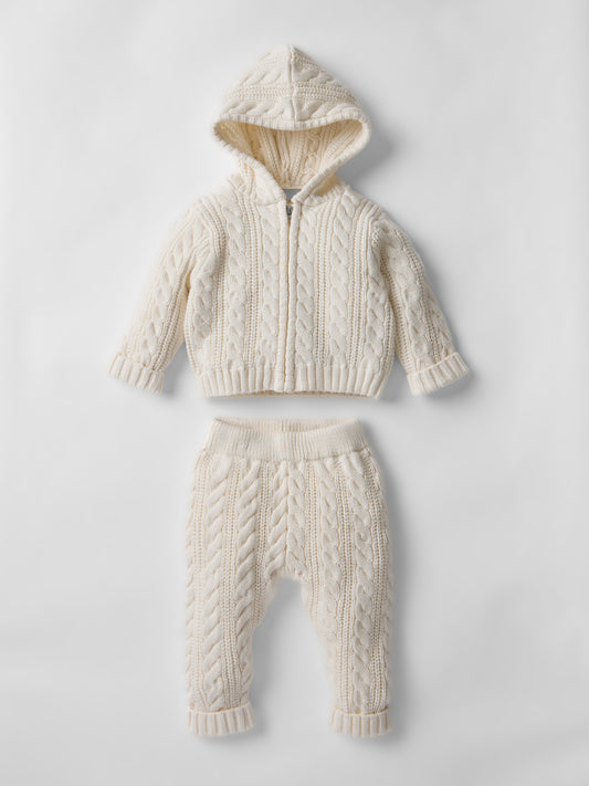 Cotton Cable Knit Hooded Set in Ecru