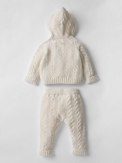 Cotton Cable Knit Hooded Set in Ecru