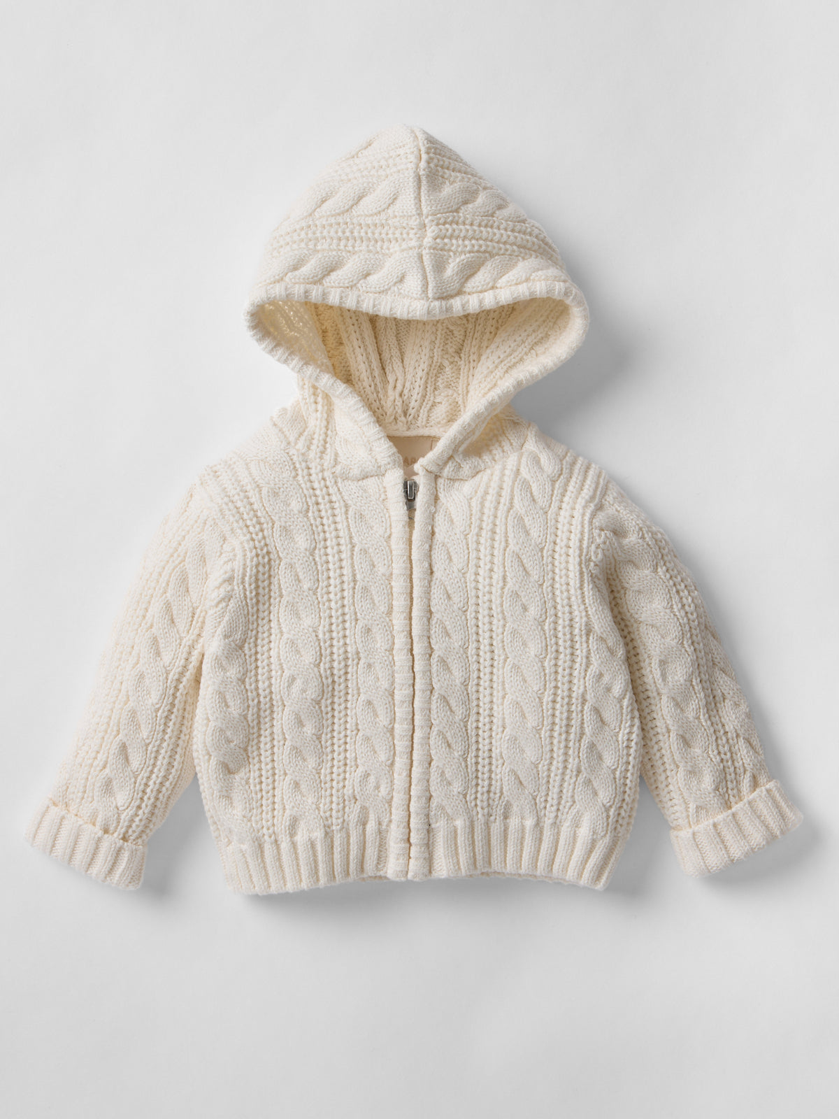 Cotton Cable Knit Hooded Set in Ecru