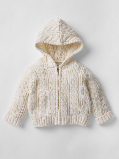 Cotton Cable Knit Hooded Set in Ecru
