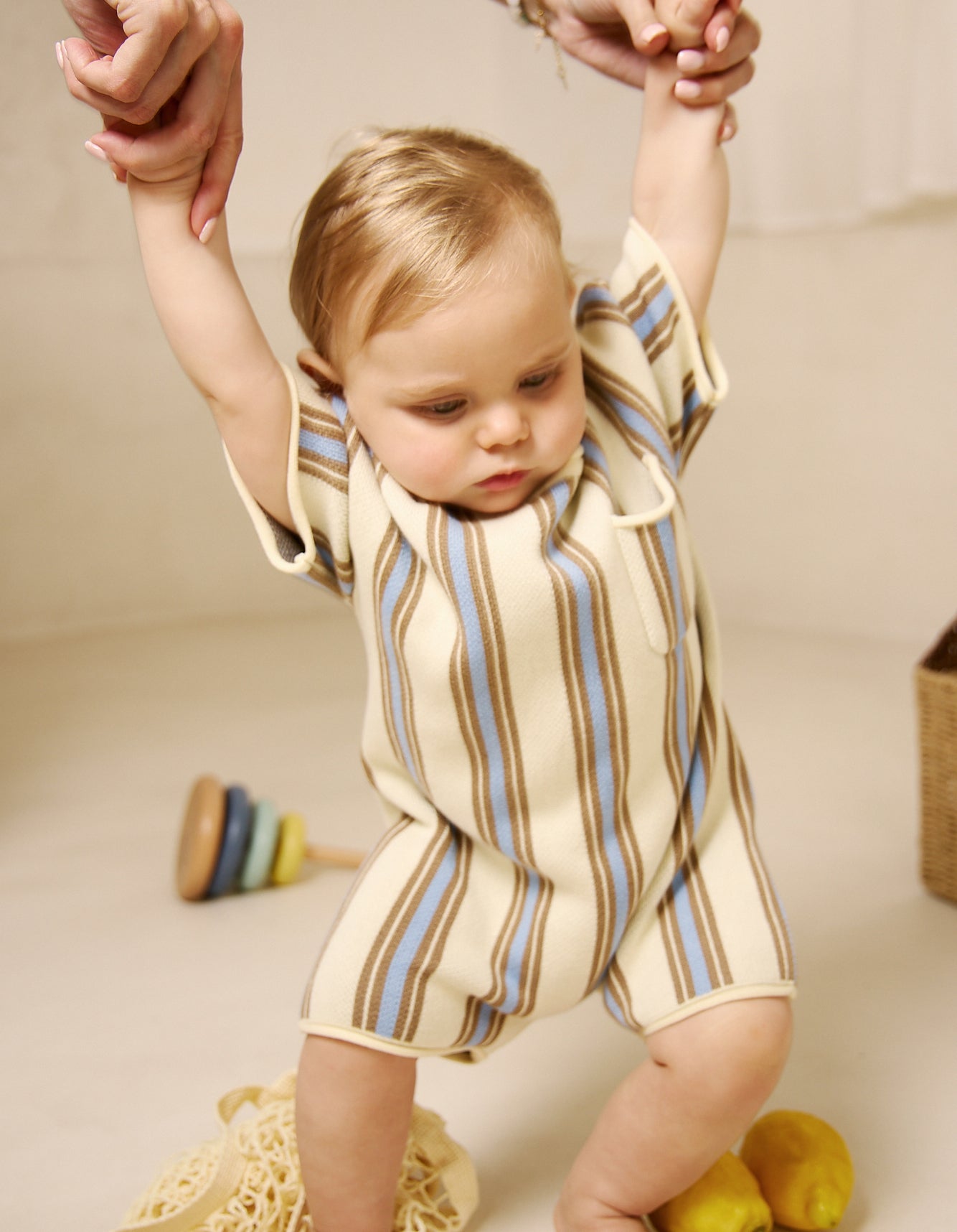 Roam Cotton Stripe Romper in Lemon