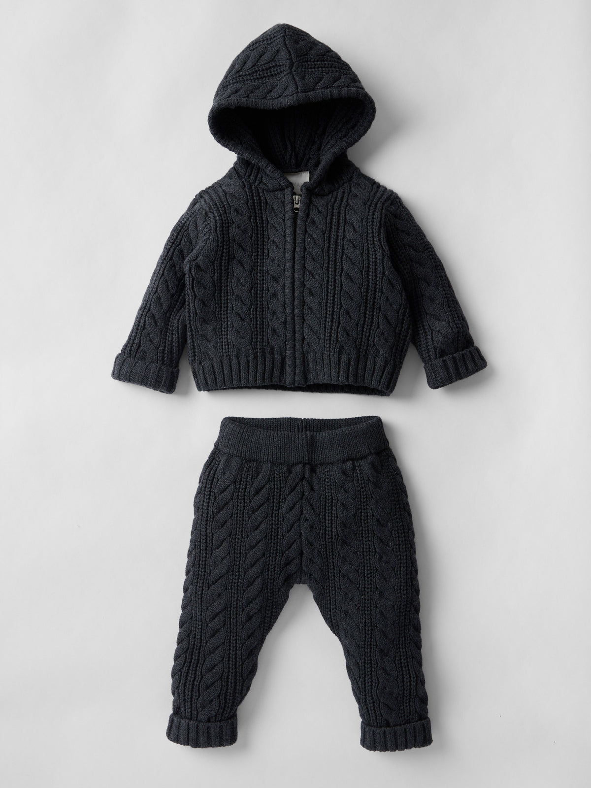 Cotton Cable Knit Hooded Set in Charcoal