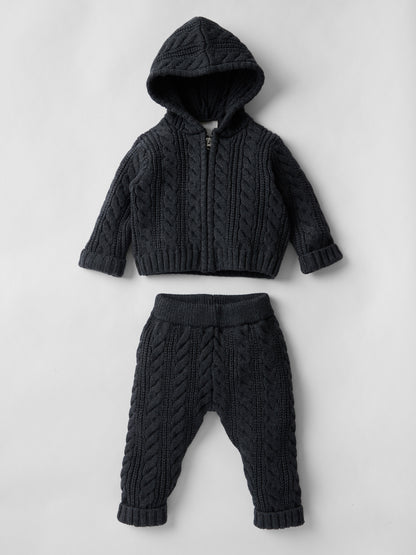 Cotton Cable Knit Hooded Set in Charcoal