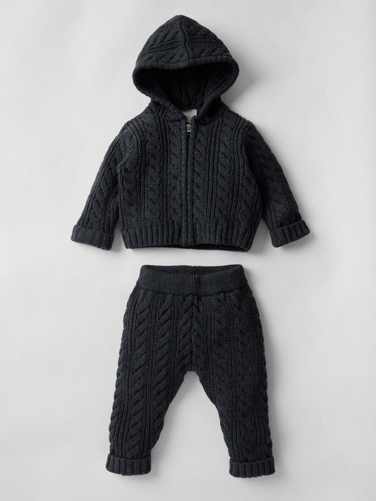 Cotton Cable Knit Hooded Set in Charcoal