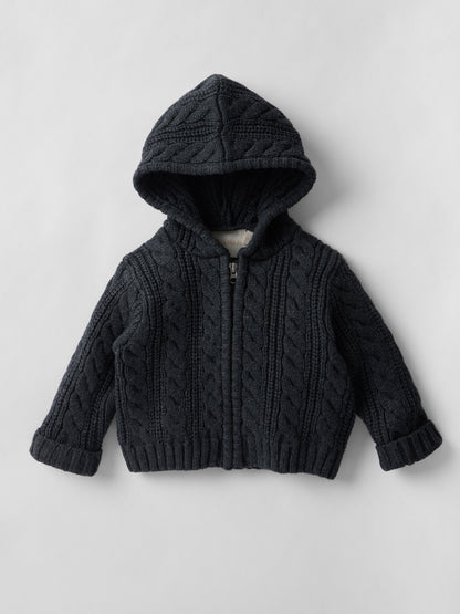 Cotton Cable Knit Hooded Set in Charcoal