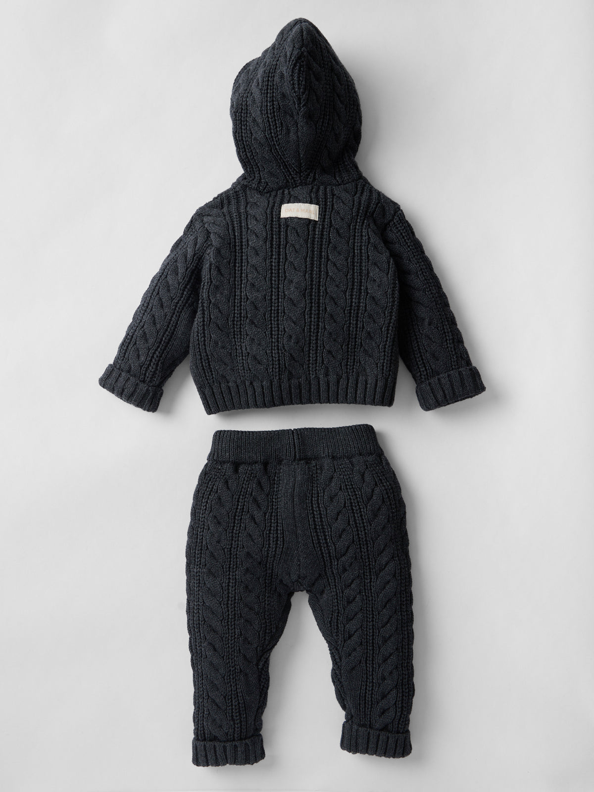 Cotton Cable Knit Hooded Set in Charcoal