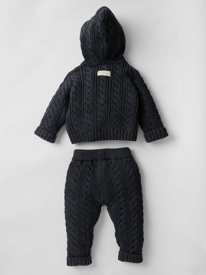 Cotton Cable Knit Hooded Set in Charcoal