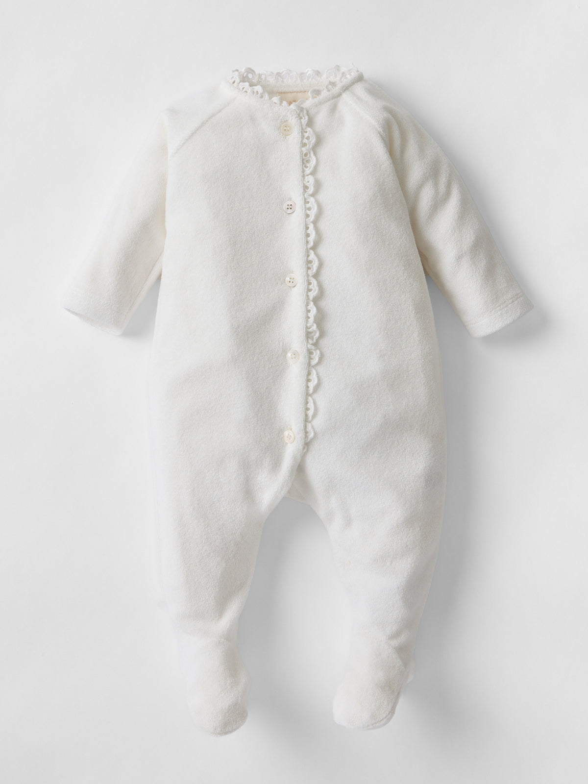 Dreamer Broderie Towelling Sleepsuit in White
